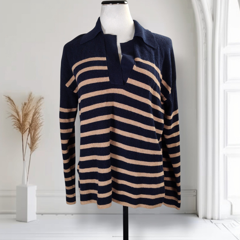 Rails Harris Rugby Sweater Womens M Merino Cashmere Navy Camel Stripe Polo